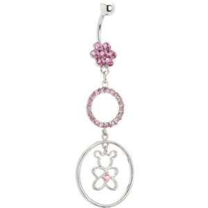  Pink Crystal Floral Teddy Bear Belly Ring Jewelry