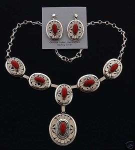 Navajo Sterling Silver with Red Coral Necklace/Earrings  