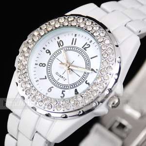 Petite White Bling Crystal Men Lady Bracelet Cuff Watch  