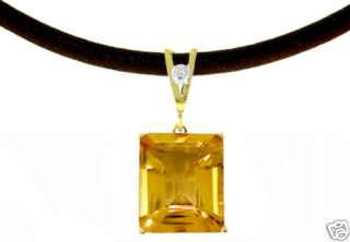 14K Gold Natural Citrine Emerald Cut & Real Diamond Pendant Leather 