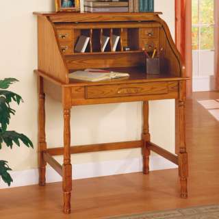 Oak finish wood small secretary roll top desk with single drawer 