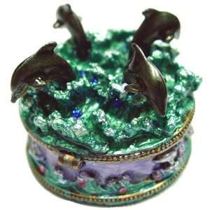   Dolphin On Box Enameled Bejeweled Crystal Trinket Box 