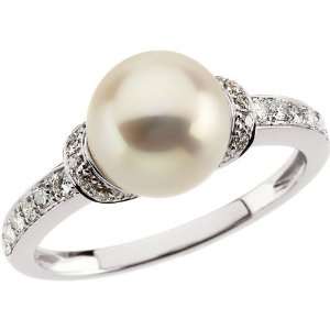    14K White Gold Freshwater Cultured Pearl and Diamond Ring Jewelry