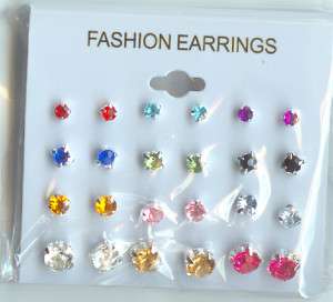 12 PAIR FASHION JEWELRY STUD EARRINGS 4 SIZES 12 COLORS  