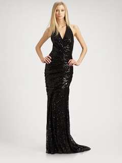 Carmen Marc Valvo   Sequined Lace Halter Gown    