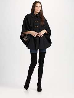   write a review rich wool knit has chic cape styling and military