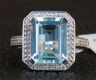  Emerald Cut Aquamarine 14K White Gold Pave Diamond Engagement Ring 