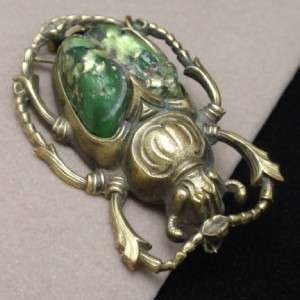 Beetle Pin Vintage Green Stone Insect Scarab Brooch Art Nouveau  