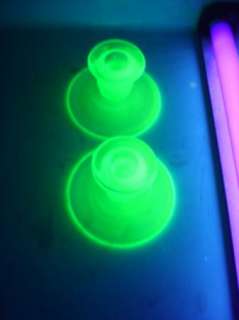 Green Uranium Glass Candleholder Pair Elegant Glass  