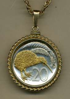 Gold on Silver New Zealand Kiwi Bird Coin Necklace in Gold Filled 