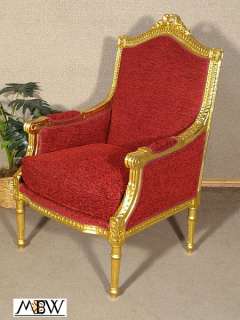 French Style Maroon Upholstered Gold Arm Chair  