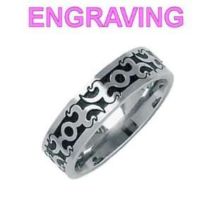   Wide Black Tribal Design Flat Band Ring   Your Message Engraved Free