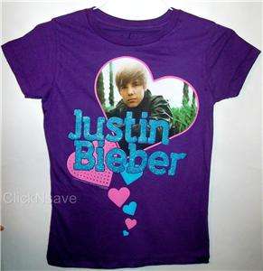 Justin Bieber Girls Purple Heart Photo T Shirt  Glitter  