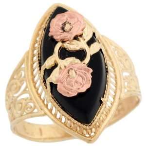   Two Tone Gold Rose Gold Flower Filigree Marquise Onyx Ring Jewelry