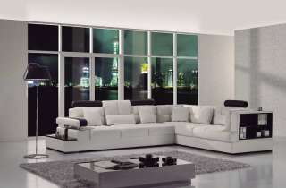 Modern White & Black Leather Sectional Sofa w/ Built in Table 
