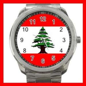 LEBANESE FLAG Red Tree Silvertone Sports Metal Watch  