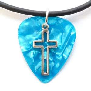 Guitar Pick Necklace with Open Cross Symbol Charm on Blue Guitar Pick 