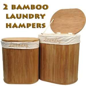  Set of 2 Oval Bamboo Laundry Hampers with Cotton Liners 