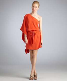 Nicole Miller tangerine silk crepe de chine one shoulder dress