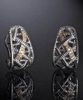 Judith Ripka diamond and basketweave silver j hoop earrings   