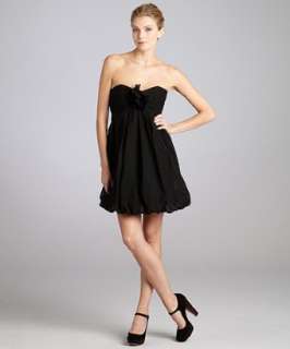 style #312090001 black swiss dot silk blend strapless bubble hem dress