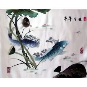  Chinese Hunan Silk Embroidery 3 Fish Koi 