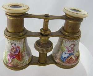   PAIR FRENCH ENAMEL MOTHER of PEARL FIGURAL OPERA GLASSES ORIGINAL CASE