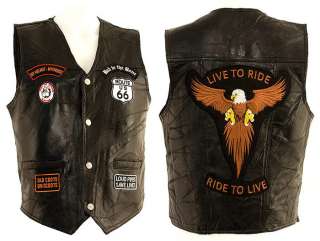 Black Leather Biker Motorcycle Rider Vest with patches  