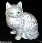 vtg WHITE angora CAT figurine RAGDOLL MAINE coon KITTEN green 