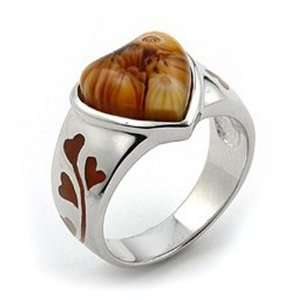  Brown Murano Glass Millefiori Heart Sterling Silver Ring 