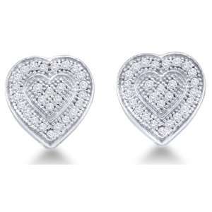  10K White Gold Micro Pave Set Round Diamond Heart Stud Earrings 