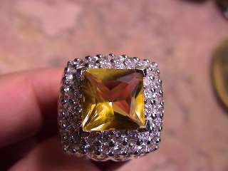 LARGE CITRINE HONEY YELLOW COLOR CZ STERLNG SILVER RING  