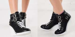 Womens Black Buckle Sneakers Wedge Heel Boots US 5 8 / Fashion Zip 