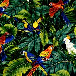 Trans Pacific Cotton Fabric Bright Tropical Parrots, Cockatiels, Birds 
