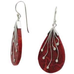   Silver & Red Coral Teardrop Dangle Earrings   1.75 Drop Jewelry