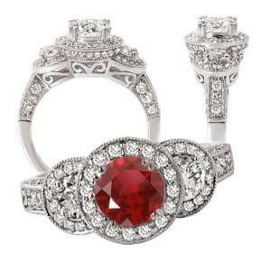 18k Chatham cultured 6.5mm round ruby 3 stone style engagement ring 