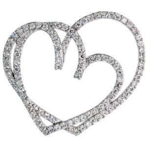 Sterling Silver Double Heart Slider Pendant w/ Pave CZ Stones, 1 3/8 