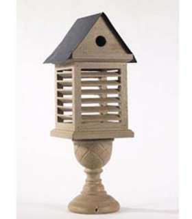 tan shutter birdhouse on pedestal base wood shutter black tin roof 