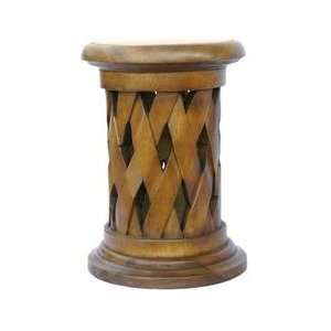  19 Carved Acacia Wood Round End Table with Lattice Design 